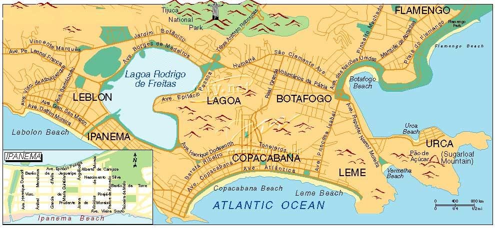 mapa plaže u Rio de Janeiro